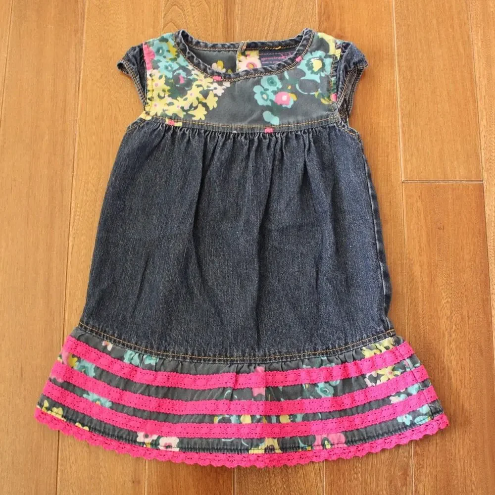 Vintage‎ OshKosh Genuine Kids Denim Floral Short Sleeve Dress 18 month